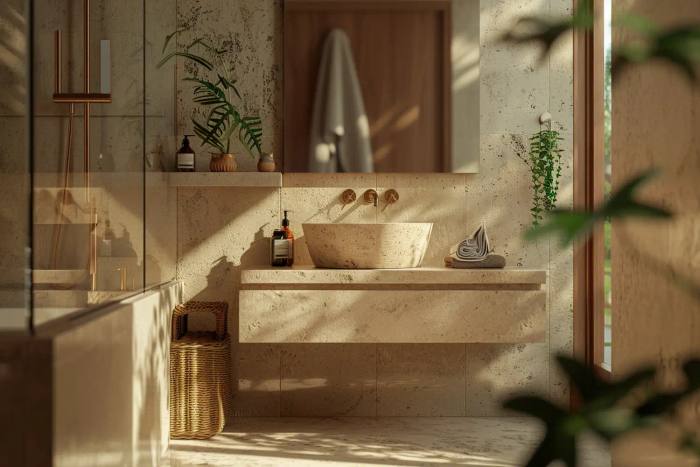 Stile Japandi in bagno: box doccia minimali e piatti effetto pietra