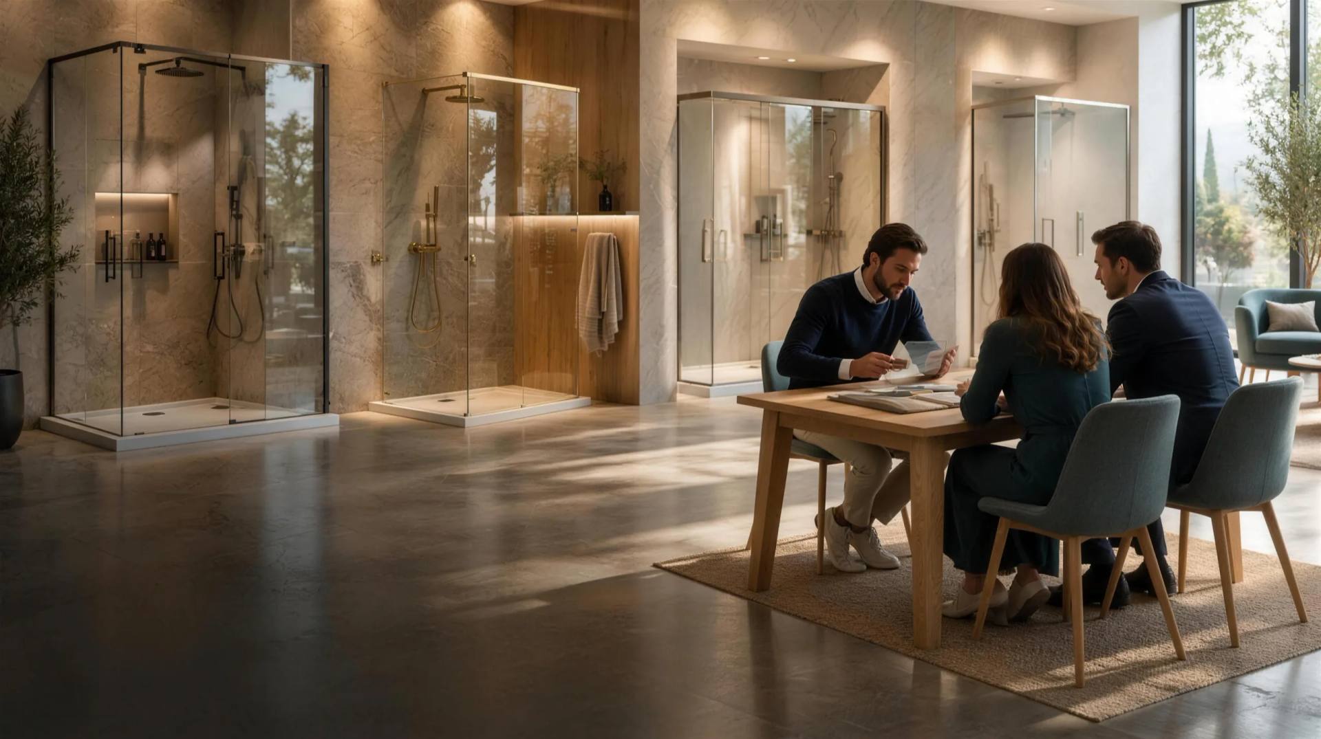 Showroom bagno con box doccia CSA esposti e un consulente che mostra campioni di vetro e finiture a una coppia