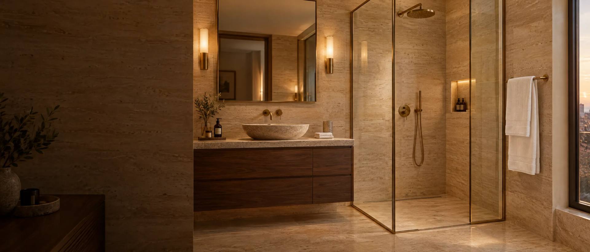 Bagno di una suite d’albergo con box doccia walk-in in cristallo e profili oro