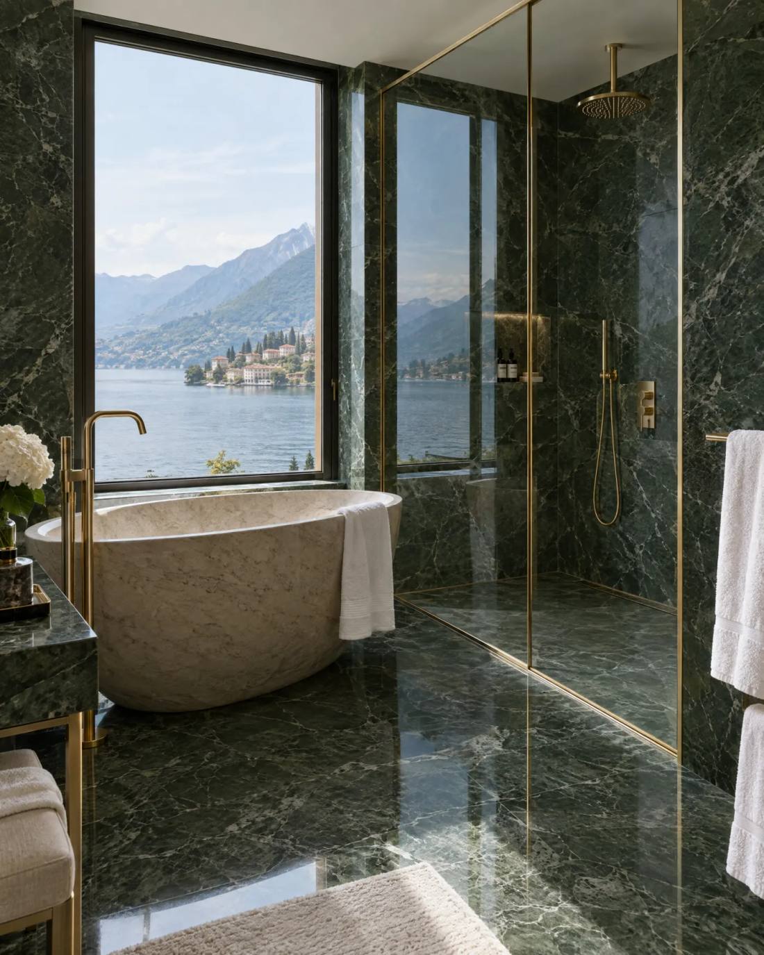 Box doccia walk-in con profili oro in una suite d’albergo con marmo verde