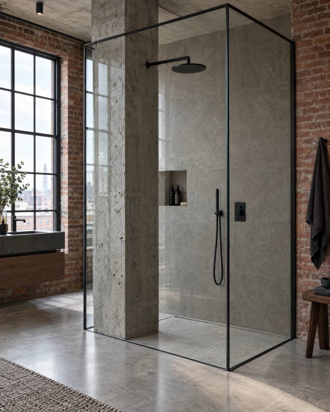 Box doccia walk-in con cristallo a tutta altezza attorno a un pilastro in un loft